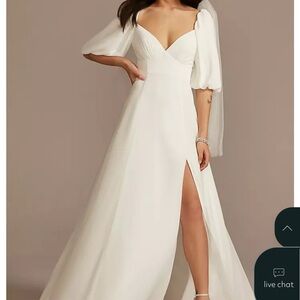 Elegant White Puff-Sleeve Maxi Dress with High Slit. Davids Bridal Size 4 New